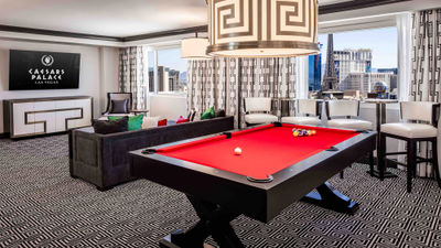 The living room of a premium suite with a Strip view in the Colosseum Tower at Caesars Palace.