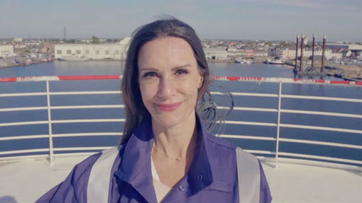 Captain Kate McCue aboard the Celebrity Beyond last year while the ship was under construction.