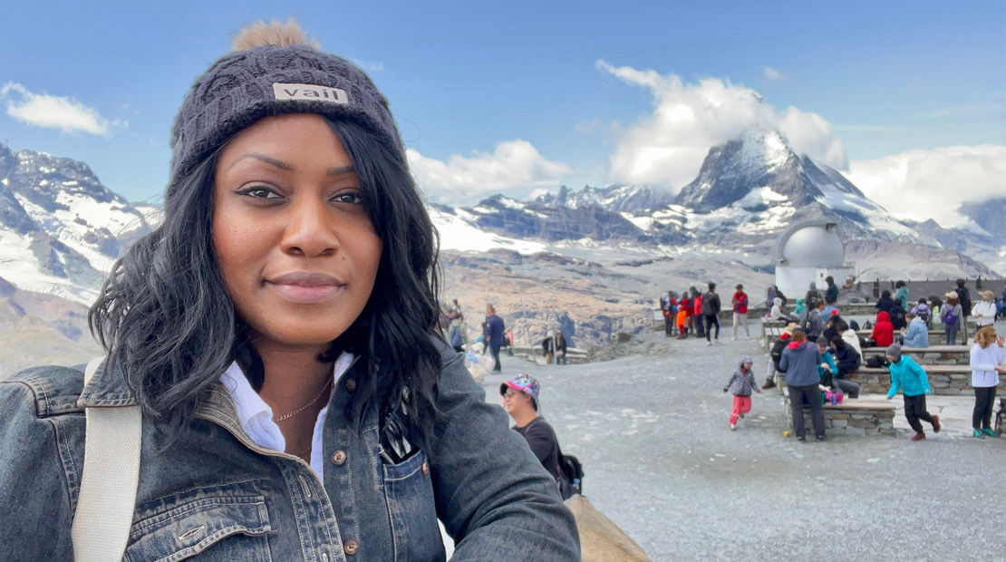 Travel Weekly's Nicole Edenedo at the Gornergrat, where there are spectacular views of the Matterhorn.