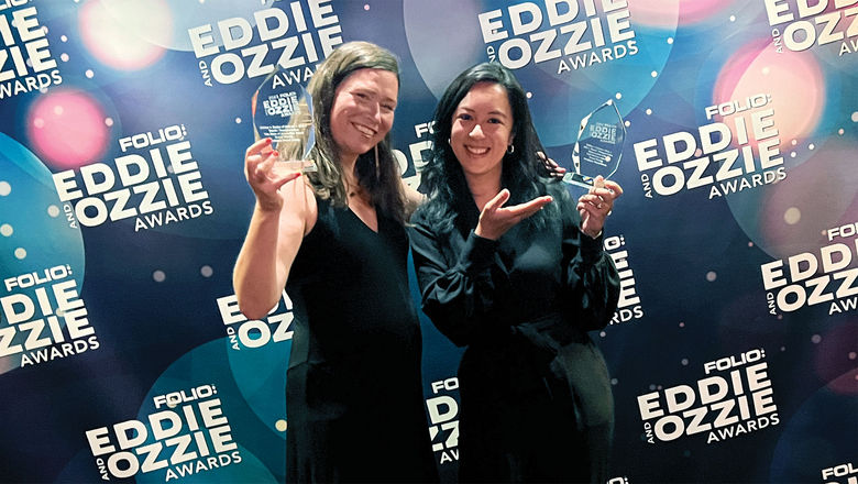 Travel Weekly managing editor Rebecca Tobin, left, and senior editor for hotels Christina Jelski accepted the Eddie awards on behalf of Travel Weekly.